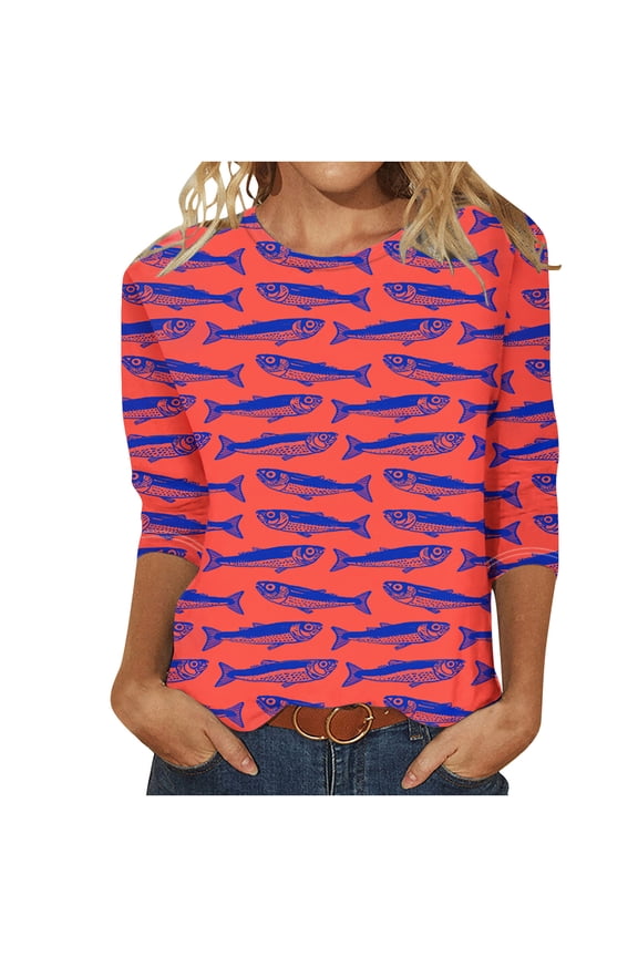 Long Sleeve Hot Red Shirt for Women, 3/4 Sleeve Relaxed Fit Top, Allover Blue Sardine Fish Pattern, Soft Breathable Fabric, Lightweight, Round Neck, Everyday Style Blouse