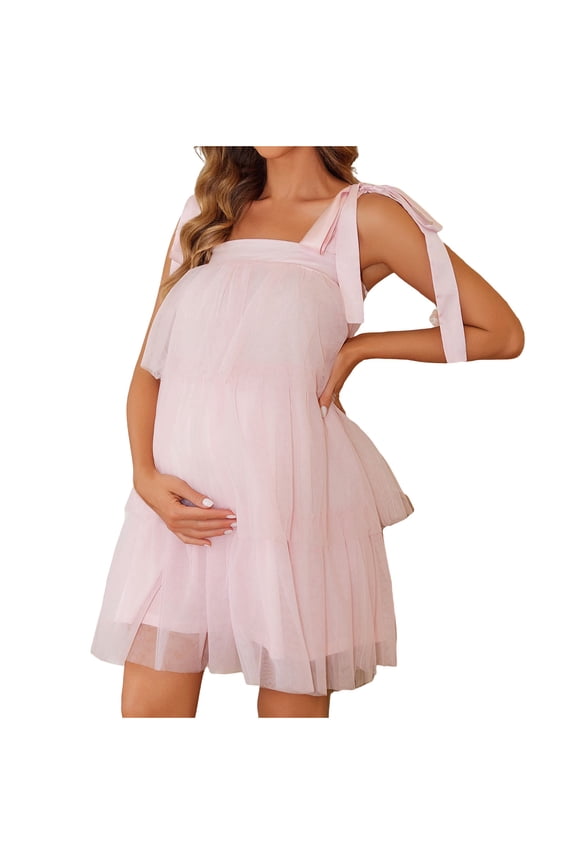 Maternity Chiffon Layered Tulle Short Dress for Women, Ribbon Strap Elastic Band Tutu Mini Dress, Pink,L