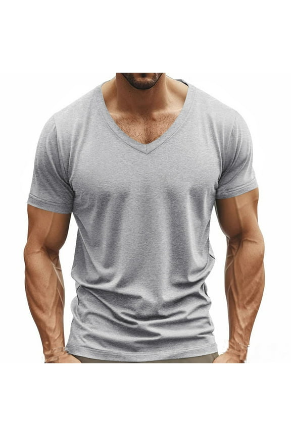 Men's Active Stretch V Neck Shirt, Short Sleeve Cooling Moisture Control Top, Gray,M