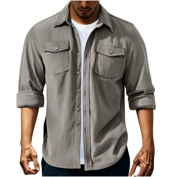 Felirenzacia Men's Corduroy Button Up Shirt Jacket with Front Pockets, Solid Color Outwear Durable Workwear Coat, Gray,M