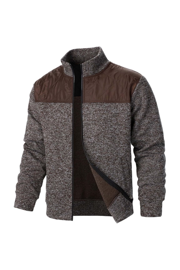 Men's Full Zip Up Jacket, Patchwork Outwear Knit Coat with Side Pockets, Coffee,L