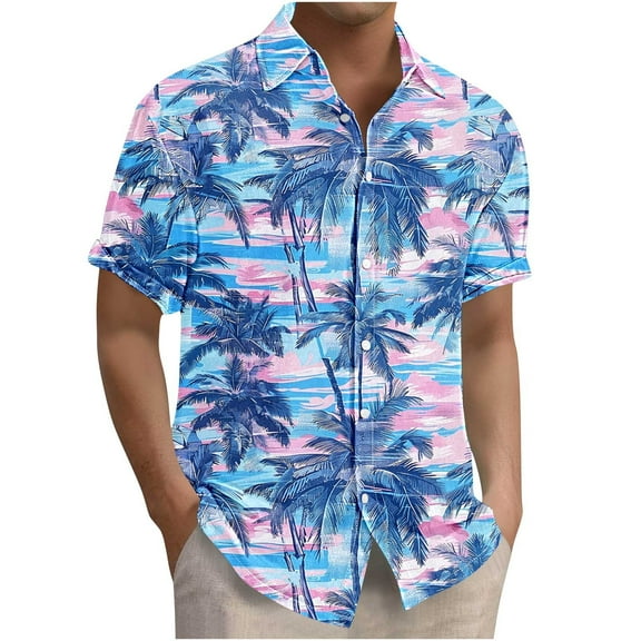 Felirenzacia Men's Hawaiian Shirt Plus Size Funky Blue Tropical Palm Tree Print Short Sleeve Button Down Beach Shirt Casual Aloha Summer Clothes