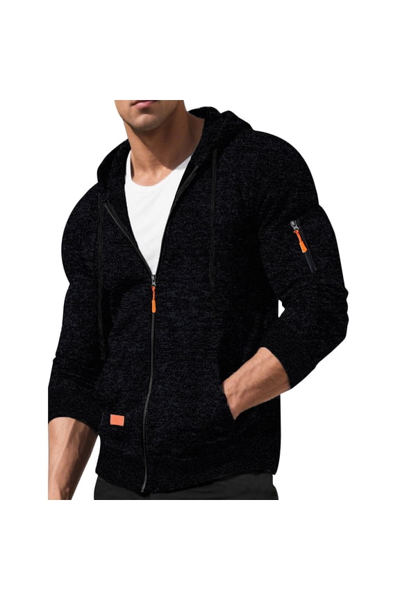 Men's Hooded Full Zip Up Lightweight Jackets with Pockets, Stretchy Soft Outwear Coat with Zipped Arm Pocket, Black,L