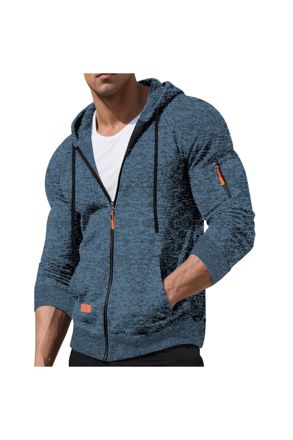 Men's Hooded Full Zip Up Lightweight Jackets with Pockets, Stretchy Soft Outwear Coat with Zipped Arm Pocket, Blue,XL