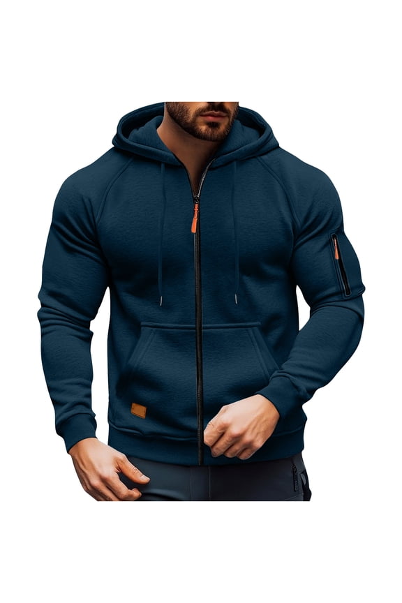 Men's Hooded Full Zip Up Lightweight Jackets with Pockets, Stretchy Soft Outwear Coat with Zipped Arm Pocket, Navy,XL