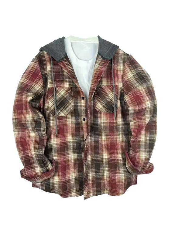 Men’s Long Sleeve Flannel Shirt Jacket with Hood, Berber Lined Polyfill Insulated Plaid Outerwear Warm