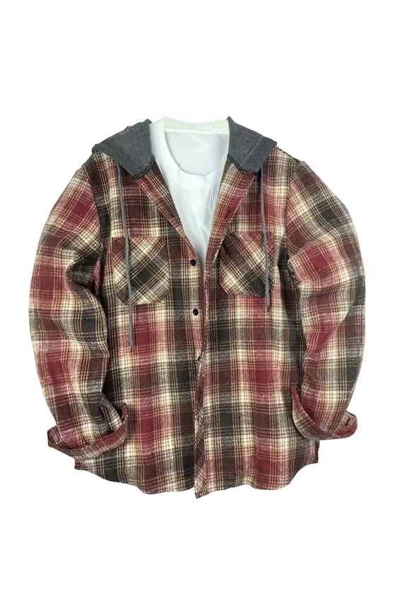 Men’s Long Sleeve Flannel Shirt Jacket with Hood, Berber Lined Polyfill Insulated Plaid Outerwear Warm
