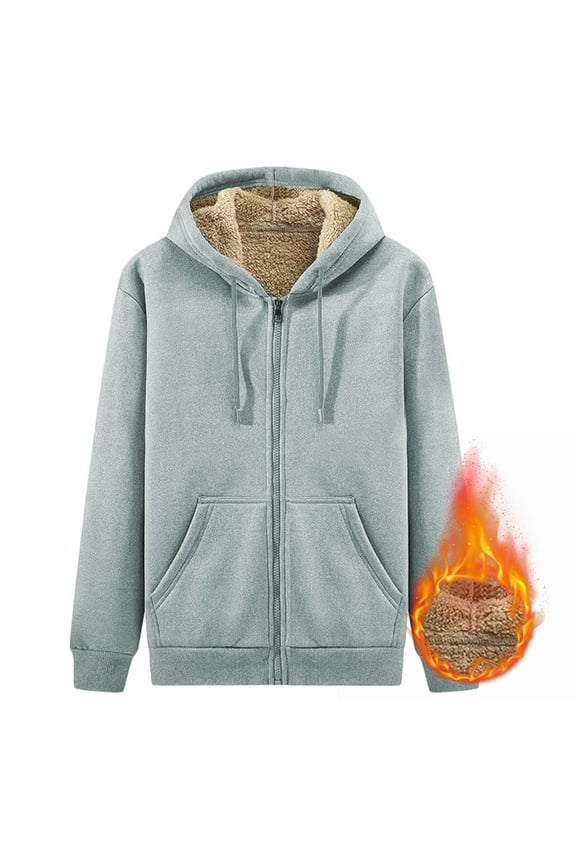 Men's and Men's Plus Winter Fleece Hooded Zipper Outwear Coat, Casual Solid Color Sherpa Fleece Kangaroo Pockets Full Zip Up Hoodie Jacket, Gray,L