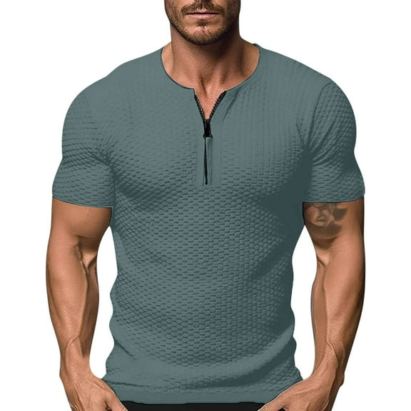 Felirenzacia Men’s Performance Henry Shirt, Short Sleeve Moisture Wicking Jacquard Textured Stretch Top, Green,M