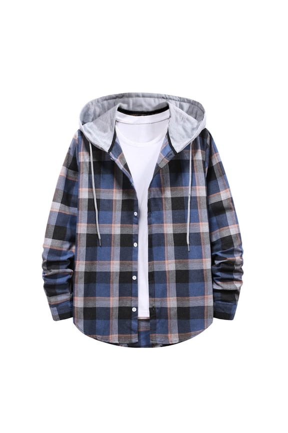 Men’s Plaid Flannel Shirt Jacket with Hood Button Down Long Sleeve Casual Outerwear Warm