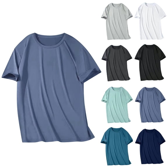 Felirenzacia Men's Plus Size Solid T-Shirt Active Moist Wicking Crew Neck Basic Short Sleeves Tee Top Blue,L