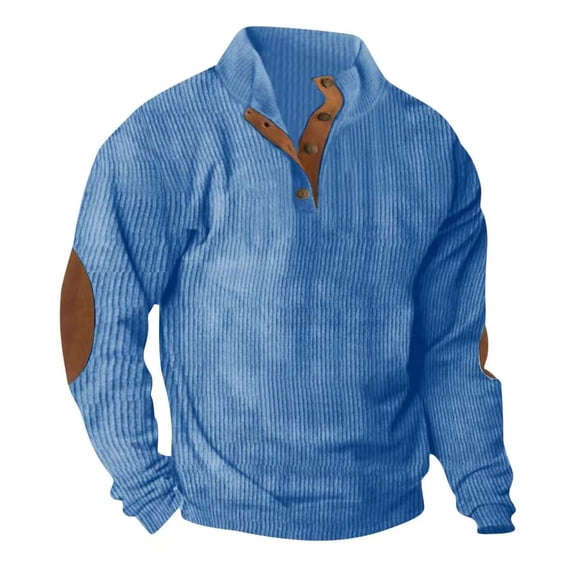 Felirenzacia Men’s Quarter Button Ribbed Knit Corduroy Pullover, Long Sleeve Casual Sweater with Suede Elbow Patches, Soft Warm Fall Winter Top, Sky Blue,2XL