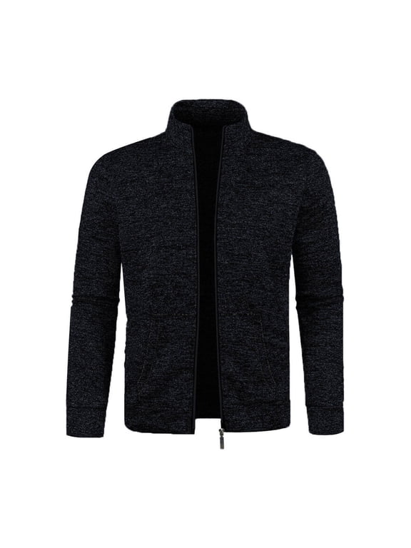 Men's Solid Color Long Sleeve Stand Up Collar Full Zip Up Knit Lightweight Jacket, Outwear Coat, Black,L