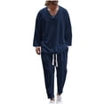 thumbnail image 1 of Felirenzacia Men's Summer Beach Outfits 2 Piece V Neck Shirts and Pants Texture Vacation Sets for Men, 1 of 6