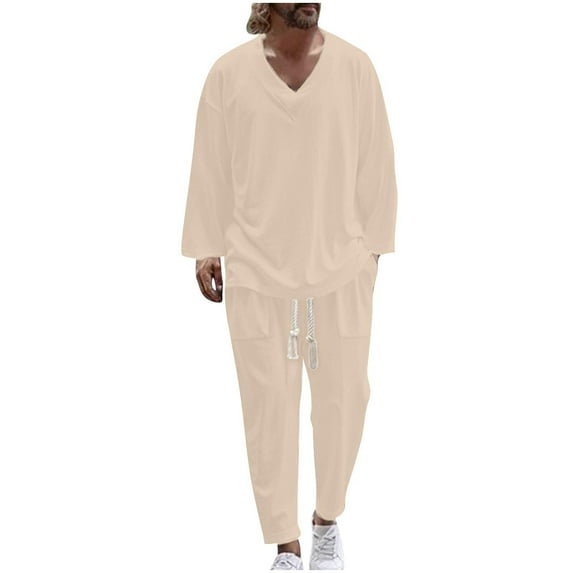 Felirenzacia Men's Summer Beach Outfits 2 Piece V Neck Shirts and Pants Texture Vacation Sets for Men