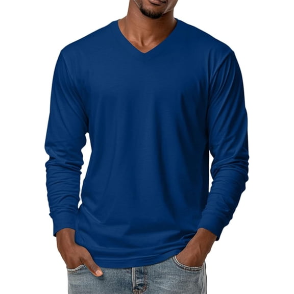 Felirenzacia Men's V Neck Sweatshirt, Casual Lightweight Cotton Long Sleeve Pullover Shirt Top,Blue,2XL