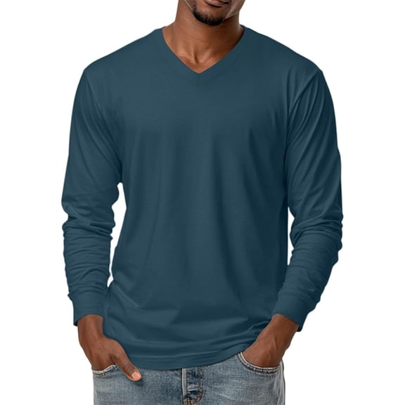 Felirenzacia Men's V Neck Sweatshirt, Casual Lightweight Cotton Long Sleeve Pullover Shirt Top,Navy,M