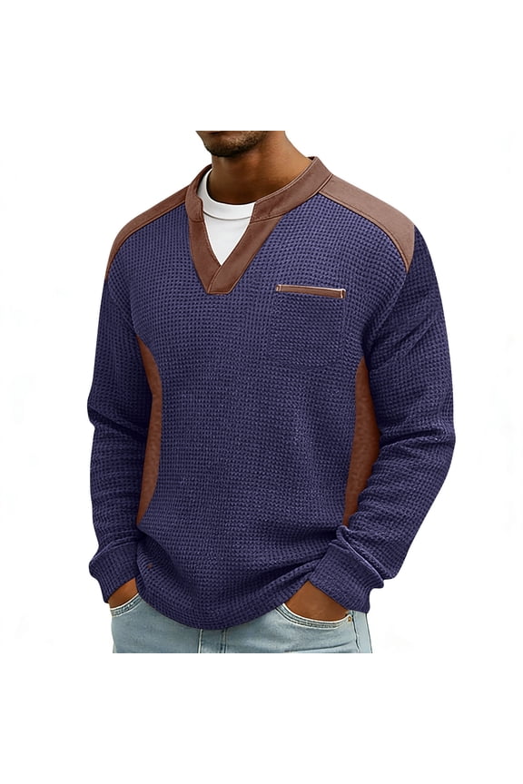 Men's V Neck Walf Knit Patch Sweatshirt with Chest Pocket, Long Sleeve Tee Shirt for Big and Tall,Navy,S