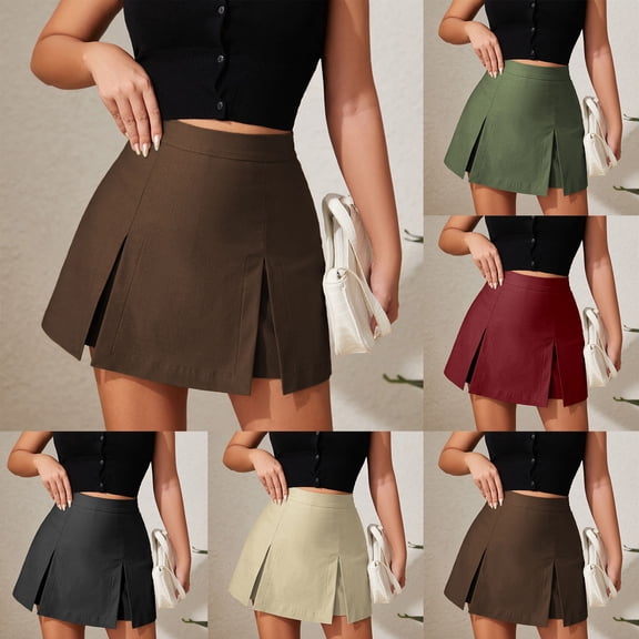 Felirenzacia Mini Skirt High Waist Zip Up Split Bodycon Fitted Party A Line Skirt Skort with Short, Brown,M