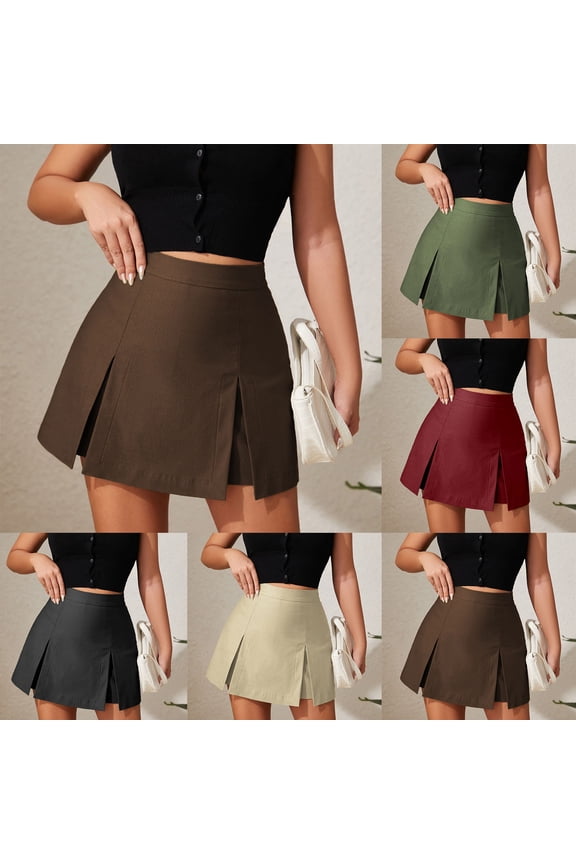 Mini Skirt High Waist Zip Up Split Bodycon Fitted Party A Line Skirt Skort with Short, Brown,S