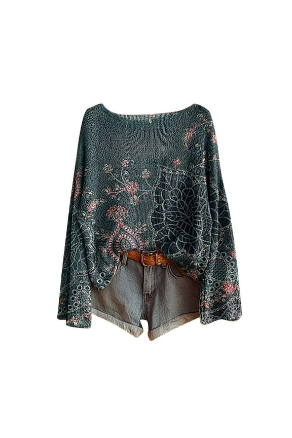Oversized Boho Pullover Top Casual Western Hippie Graphic Tops for Women, Baggy Long Sleeve Fall Blouses