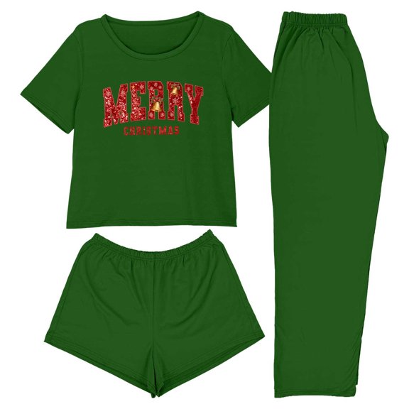Felirenzacia Pajama Sets for Women, 3PC Loungewear with Short Sleeve Tops, Pants with Shorts, Casual Soft Home Yoga Outfit Sets with Christmas Pattern Print