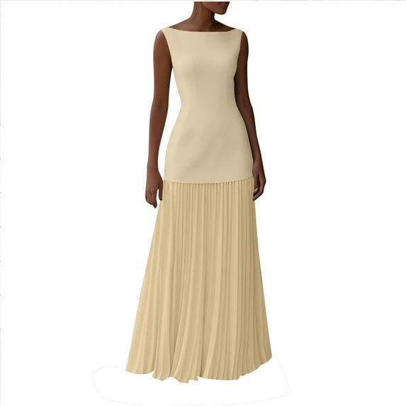 Felirenzacia Pleated Bridesmaid Dresses Long Boat Neck Floor Length Formal Wedding Guest Dress,Yellow,XL