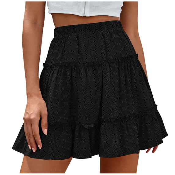 Felirenzacia Pleated Mini Lace Up Skirt for Women High Waist Flowy Ruffle Layered Flared Teen Spring Summer Short A Line Jacquard Hollow Out Skirts Black,2XL