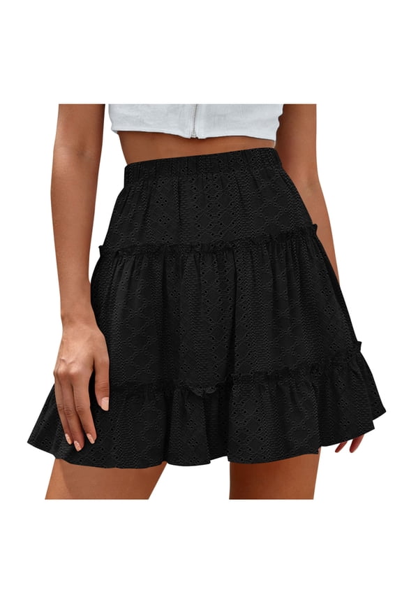 Pleated Mini Lace Up Skirt for Women High Waist Flowy Ruffle Layered Flared Teen Spring Summer Short A Line Jacquard Hollow Out Skirts Black,M