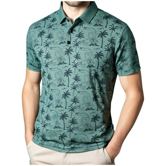 Felirenzacia Plus Size Men’s Regular Fit Polo, Lightweight Performance Palm Tree Print Short Sleeve Hawaii Shirt, Green,XL