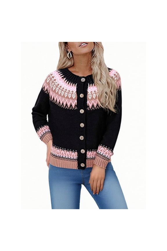 Plus Size Women’s Christmas Nordic Knit Cardigan, Long Sleeve Button Front Sweater, S-5XL