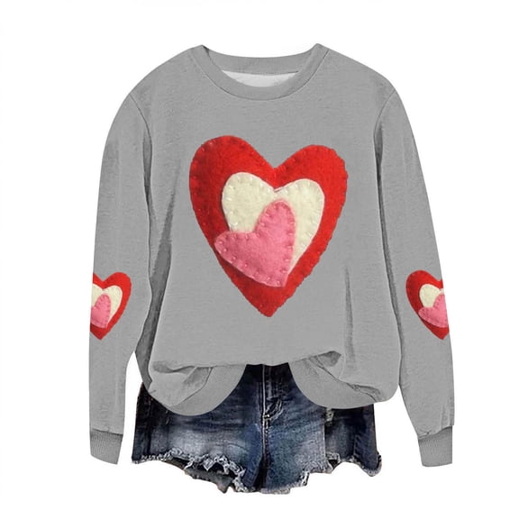 Felirenzacia Plus Size Women’s Valentine Pullover Sweatshirt, Warm Heart Design Casual Top, Gray,XL