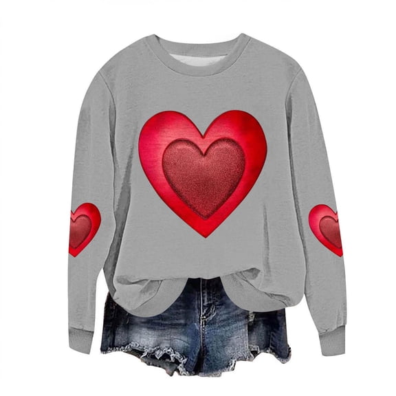 Felirenzacia Plus Size Women’s Valentine Sweatshirt Love Heart Pattern Casual Long Sleeve Warm Pullover, Gray,S