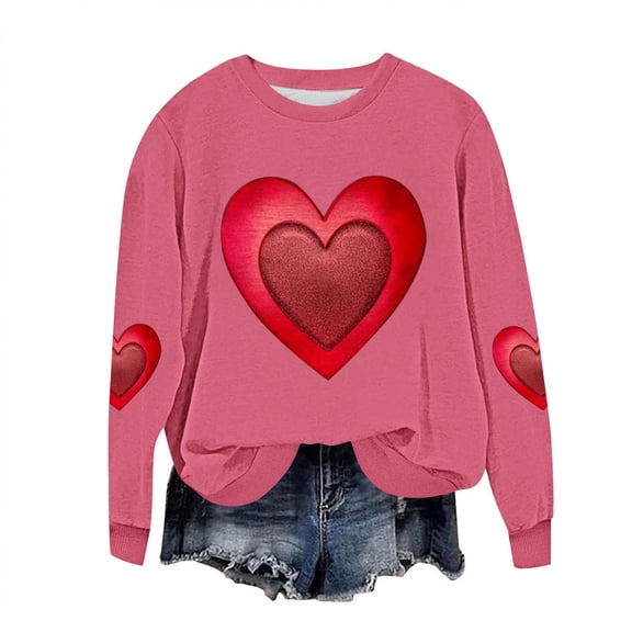 Felirenzacia Plus Size Women’s Valentine Sweatshirt Love Heart Pattern Casual Long Sleeve Warm Pullover, Hot Pink,4XL