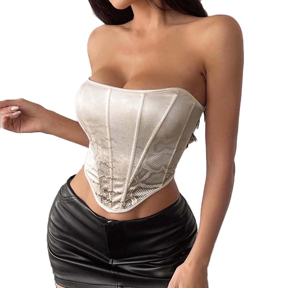 Felirenzacia Renaissance Heart Satin Corset Top For Women, Sexy Concert Outfits Going Out, Strapless Crop Top, Python Pattern Overbust Bustier ,Beige,M