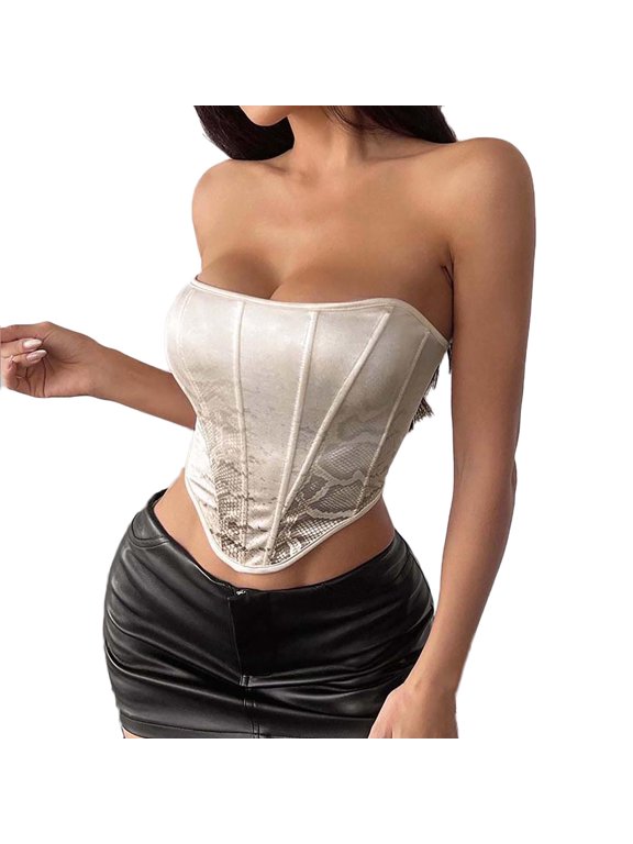 Renaissance Heart Satin Corset Top For Women, Sexy Concert Outfits Going Out, Strapless Crop Top, Python Pattern Overbust Bustier,Beige,M