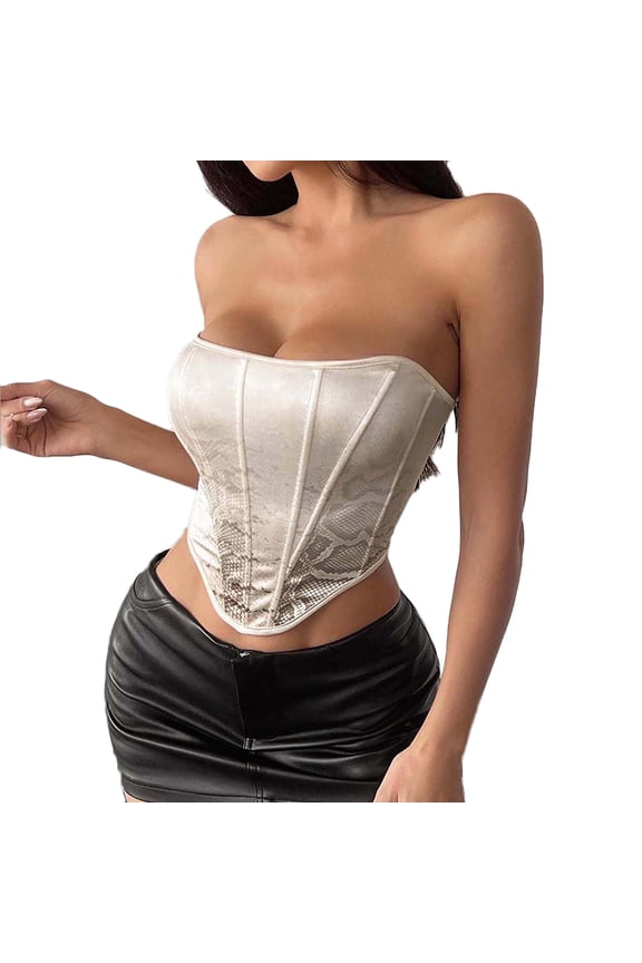 Renaissance Heart Satin Corset Top For Women, Sexy Concert Outfits Going Out, Strapless Crop Top, Python Pattern Overbust Bustier,Beige,S