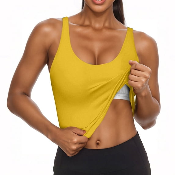 Felirenzacia Seamless Workout Tank Top for Women with Built in Bra, Padded Racerback Athletic Yoga Camisole Yellow,2XL