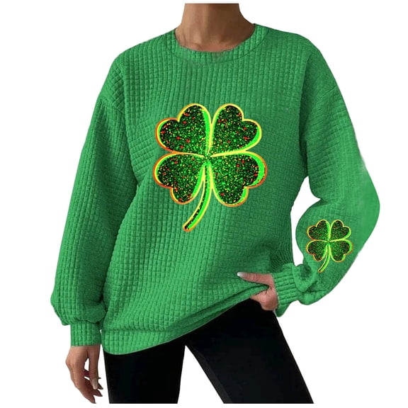 Felirenzacia St. Patrick’s Day Women’s Waffle Weave Crew Neck Sweatshirt, Festive Shamrock Graphic Long Sleeve Top, Green,M