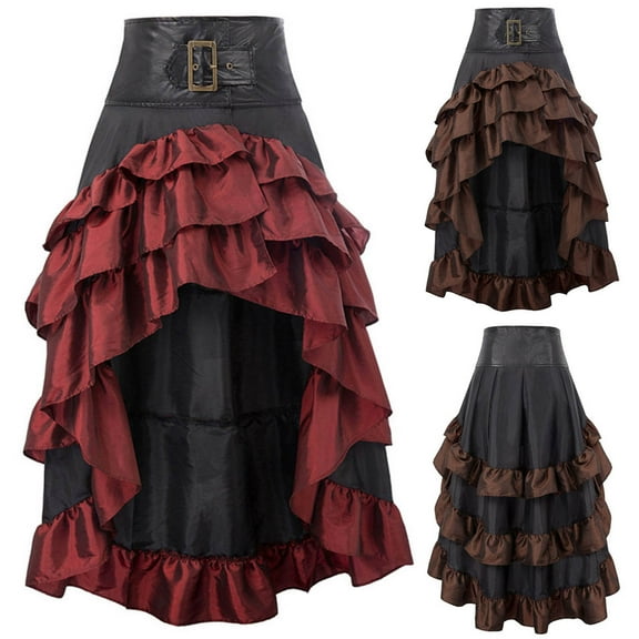 Felirenzacia Steampunk High-Low Skirt for Women,Halloween Costume with Faux Leather Belted Waist, Layered Ruffles, Train Back Hem, Vintage Style