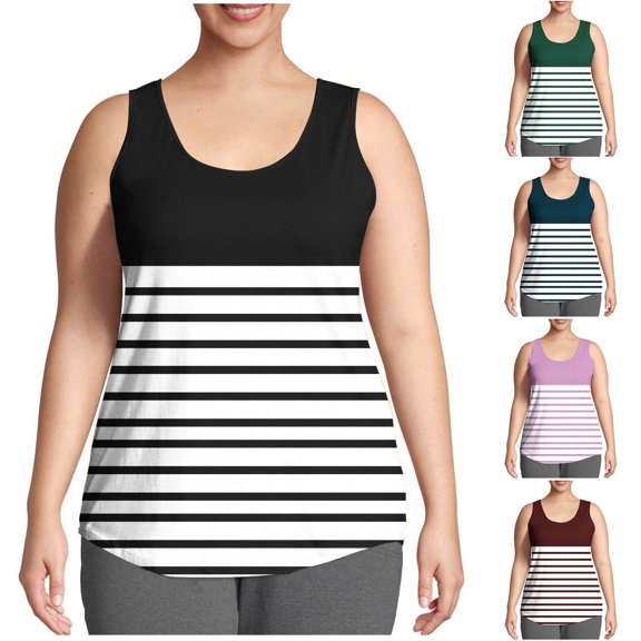 Felirenzacia Summer Big and Tall Womens Tank Tops Sleeveless Graphic Striped Color Block Shirts for Plus Women Casual Flowy Tunic Tops, L-5XL ,Black,5XL