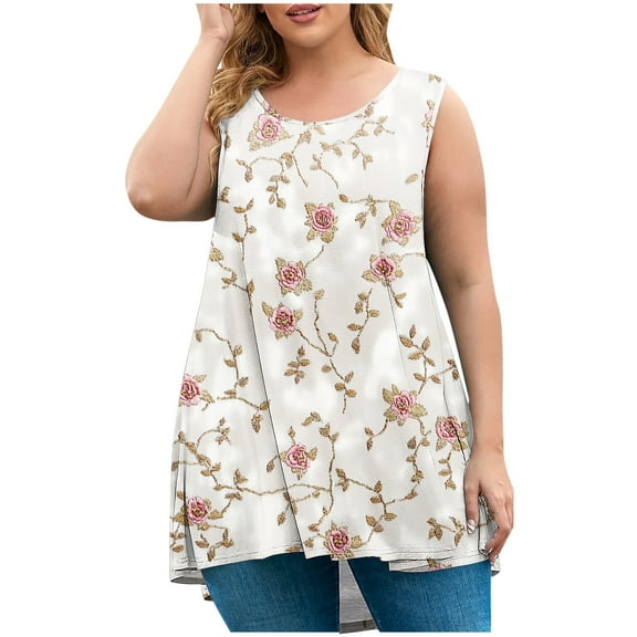 Felirenzacia Summer Big and Tall Womens Tank Tops Sleeveless Graphic Print Shirts for Plus Women Casual Flowy Tunic Tops, L-5XL ,Beige,L