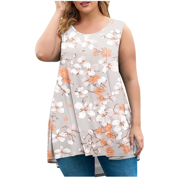 Felirenzacia Summer Plus Size Womens Tank Tops Sleeveless Graphic Print Shirts for Women Casual Flowy Tunic Tops, L-5XL ,Beige,4XL