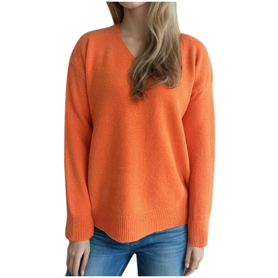 Felirenzacia Sweaters for Women Trendy V Neck Long Sleeve Solid Color Sweater Tops Fall Chunky Cable Knit Pullover Sweaters