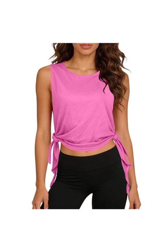 Tie Side Tank Tops for Women Workout Athletic Casual Crewneck Loose Sleeveless Muscle Tee,Hot Pink,Free Size