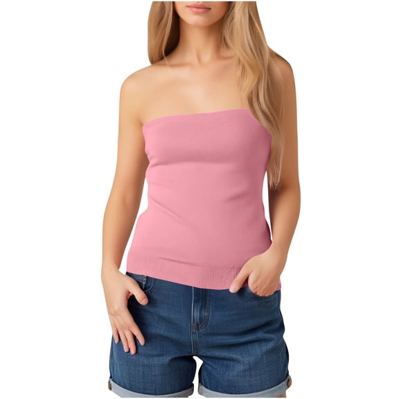 Felirenzacia Tube Tops for Women No Boundaries Going Out Strapless Crop Tops Sleeveless Bandeau Summer Y2k Cute Clothes ,Pink,M