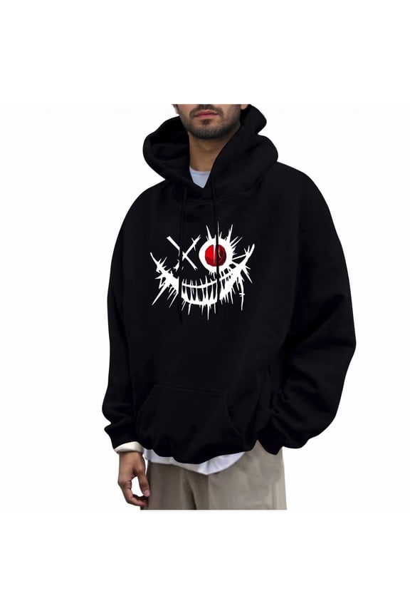 Unisex Graphic Hoodie for Men Women, Evil Smile Print Long Cuffed Sleeve Hooded Pullover Sweatshirt for Big and Tall,Black,M