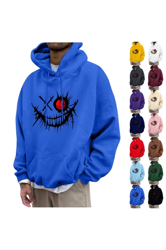 Unisex Graphic Hoodie for Men Women, Evil Smile Print Long Cuffed Sleeve Hooded Pullover Sweatshirt for Big and Tall,Blue,XL