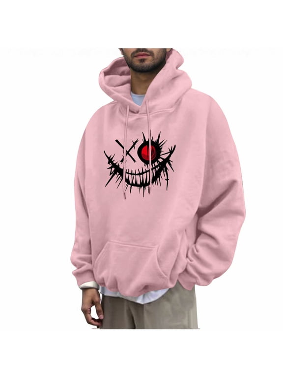 Unisex Graphic Hoodie for Men Women, Evil Smile Print Long Cuffed Sleeve Hooded Pullover Sweatshirt for Big and Tall,Pink,3XL