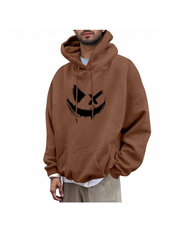 Unisex Graphic Hoodie for Women Men, Evil Smiling Face Print Long Cuffed Sleeve Hooded Pullover Sweatshirt for Big Men,Coffee,M